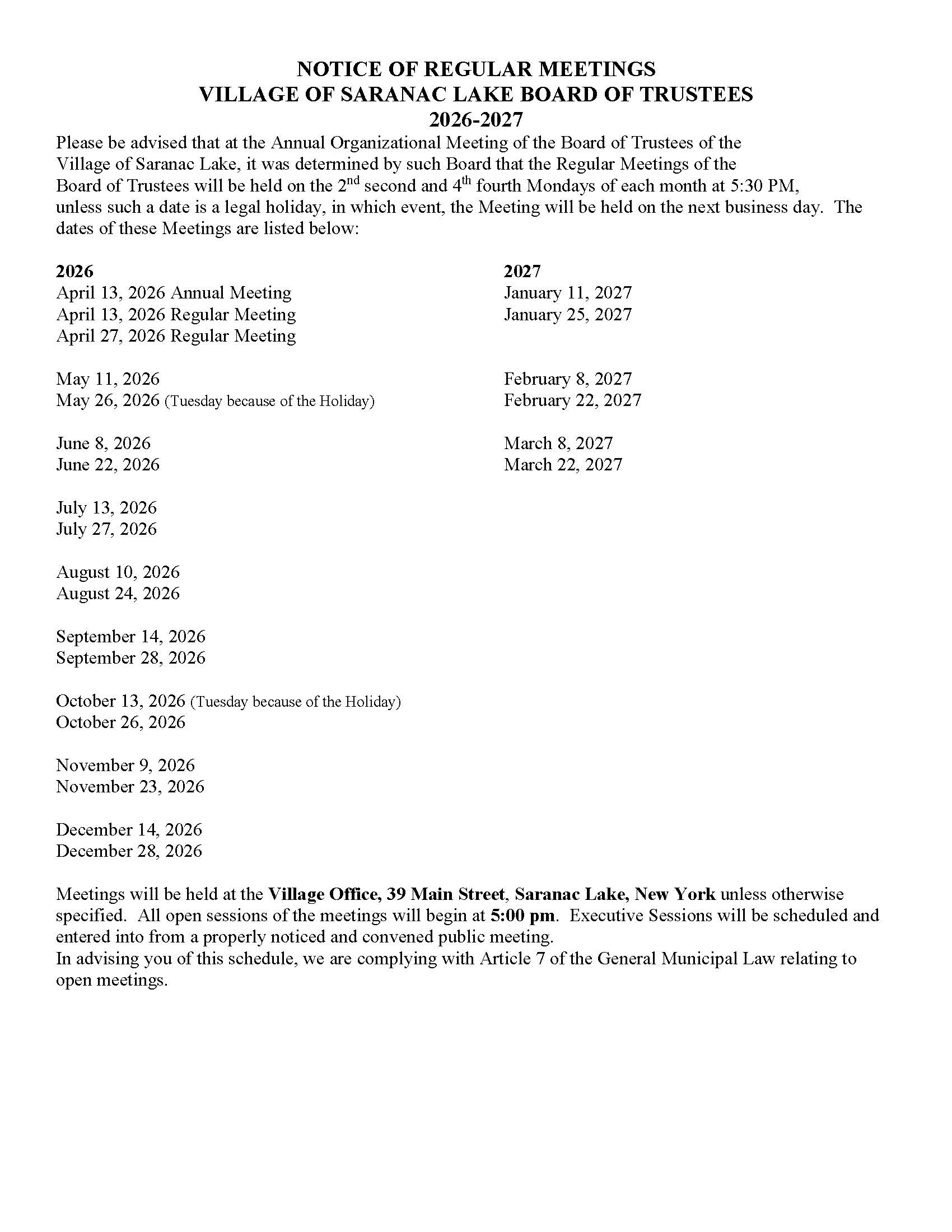 2026-2027 Board Meeting Schedule